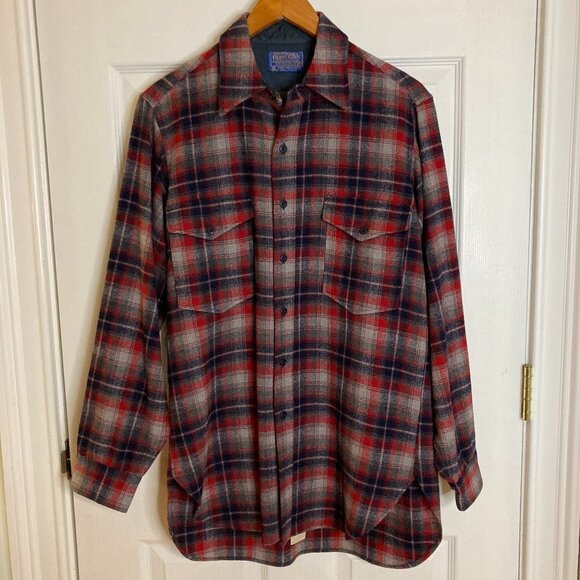 Vintage Pendleton Pure Virgin Wool Red Blue Gray Plaid Flannel Shirt Size 15 1/2 - Picture 1 of 7